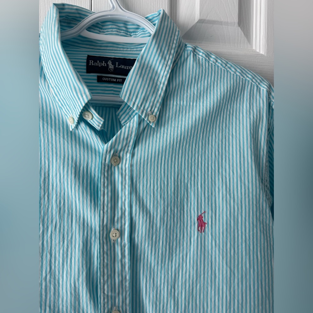 Polo Ralph Lauren Teal White Striped Button Down Dress Shirt L Pink Pony Florida